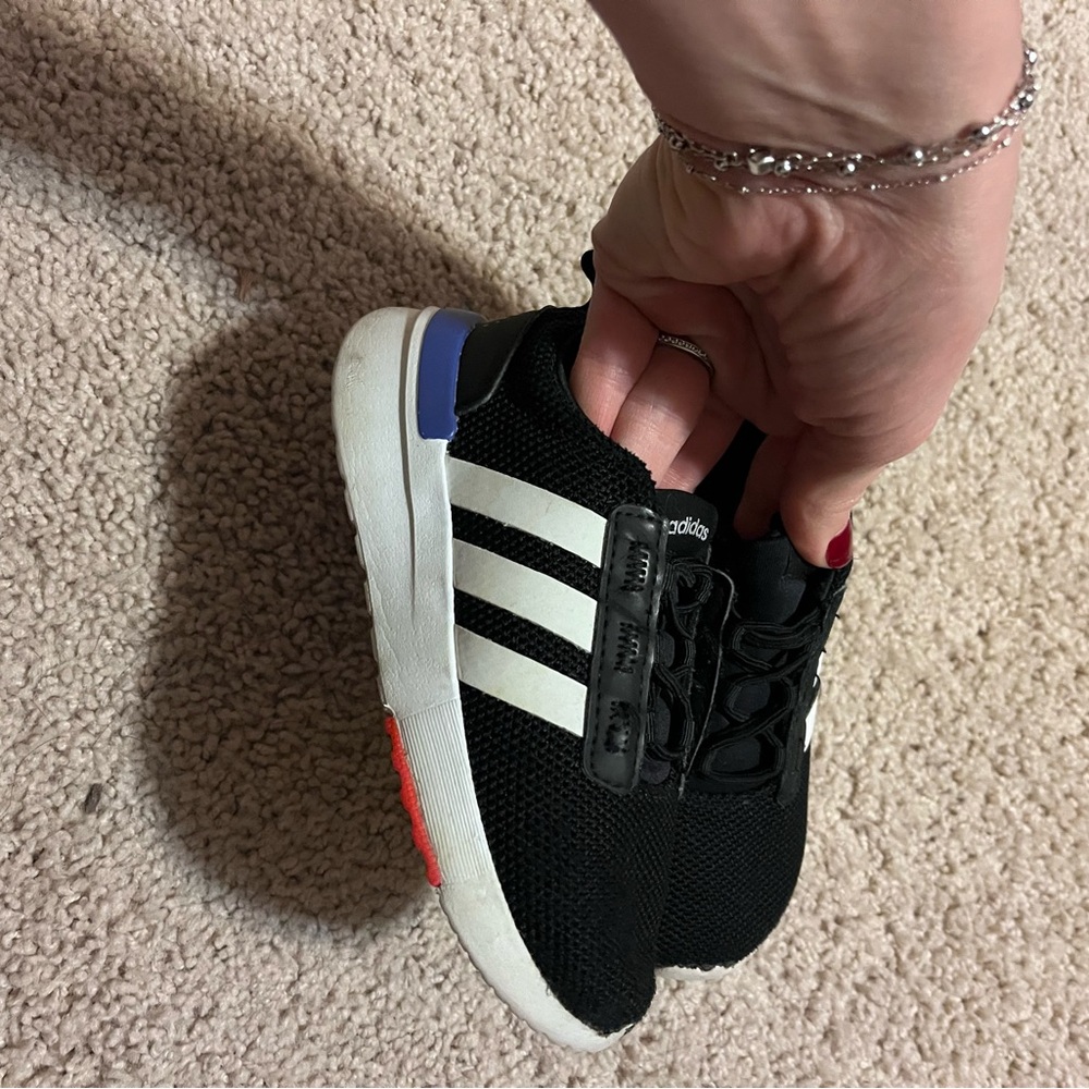 Adidas Black and White Sneakers with Blue and Orange Accents